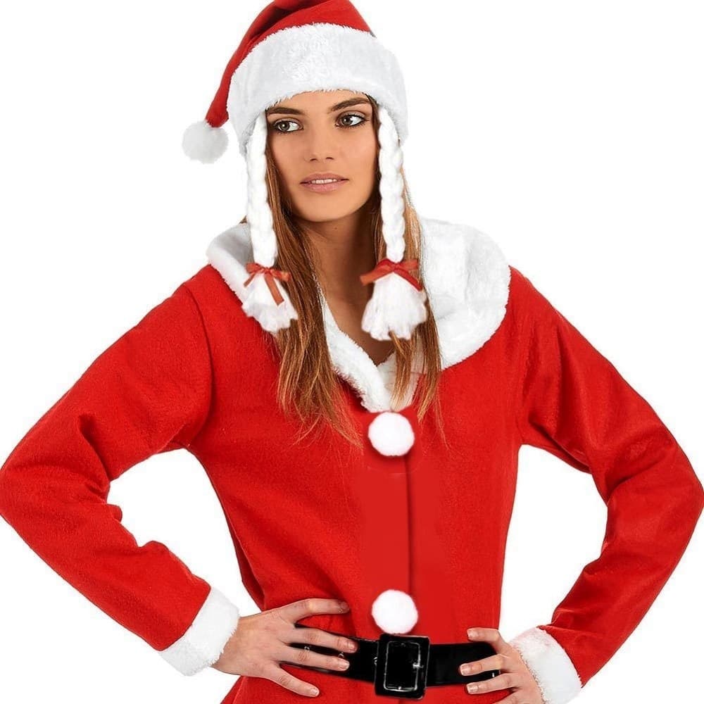 VESTITO BABBO NATALE DONNA MAMMA NATALE COLORE ROSSO CAPPELLO CON TRECCE - 2
