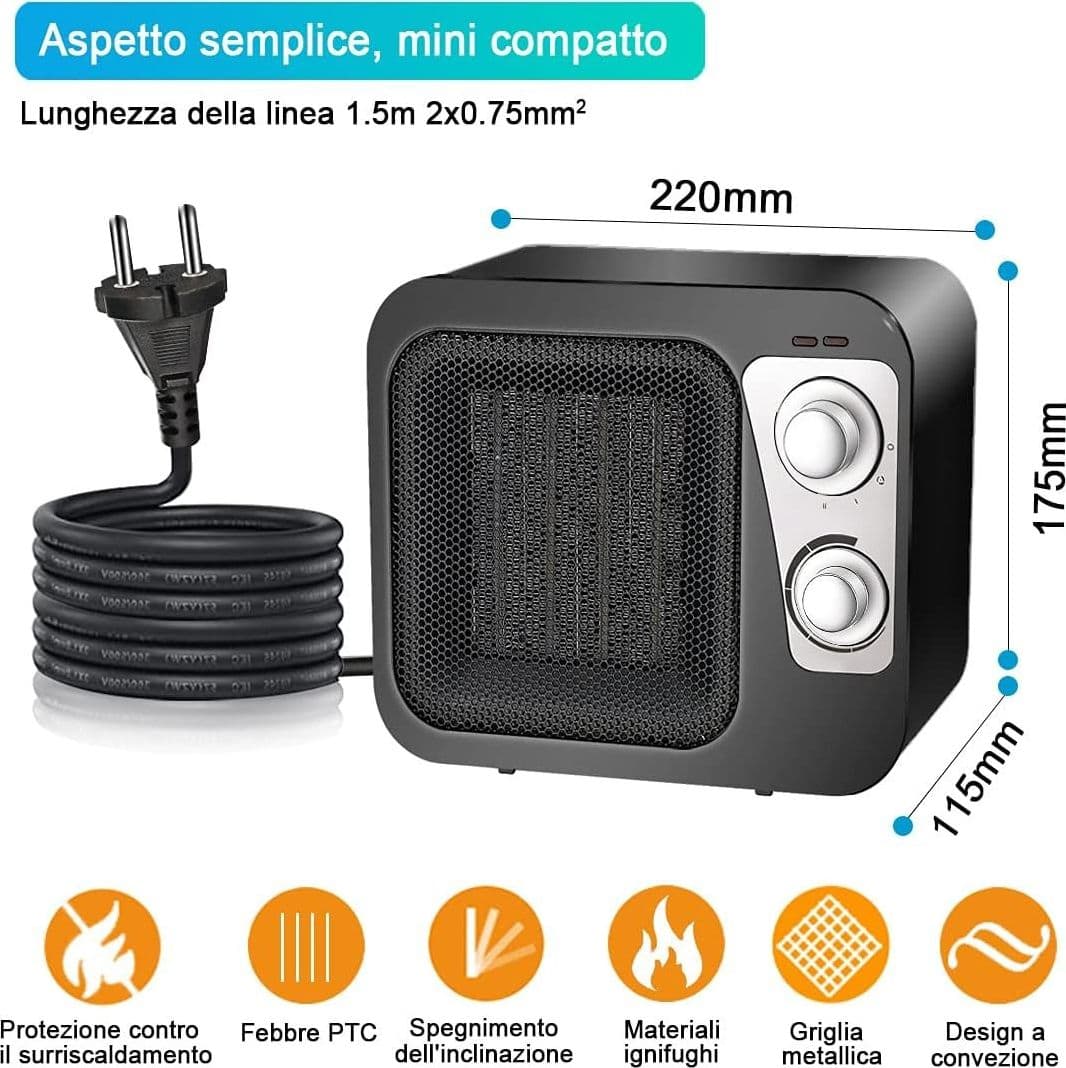 STUFA CALDOBAGNO IN CERAMICA PTC DOPPIA POTENZA TERMOCONVETTORE TERMOVENTILATORE - 4