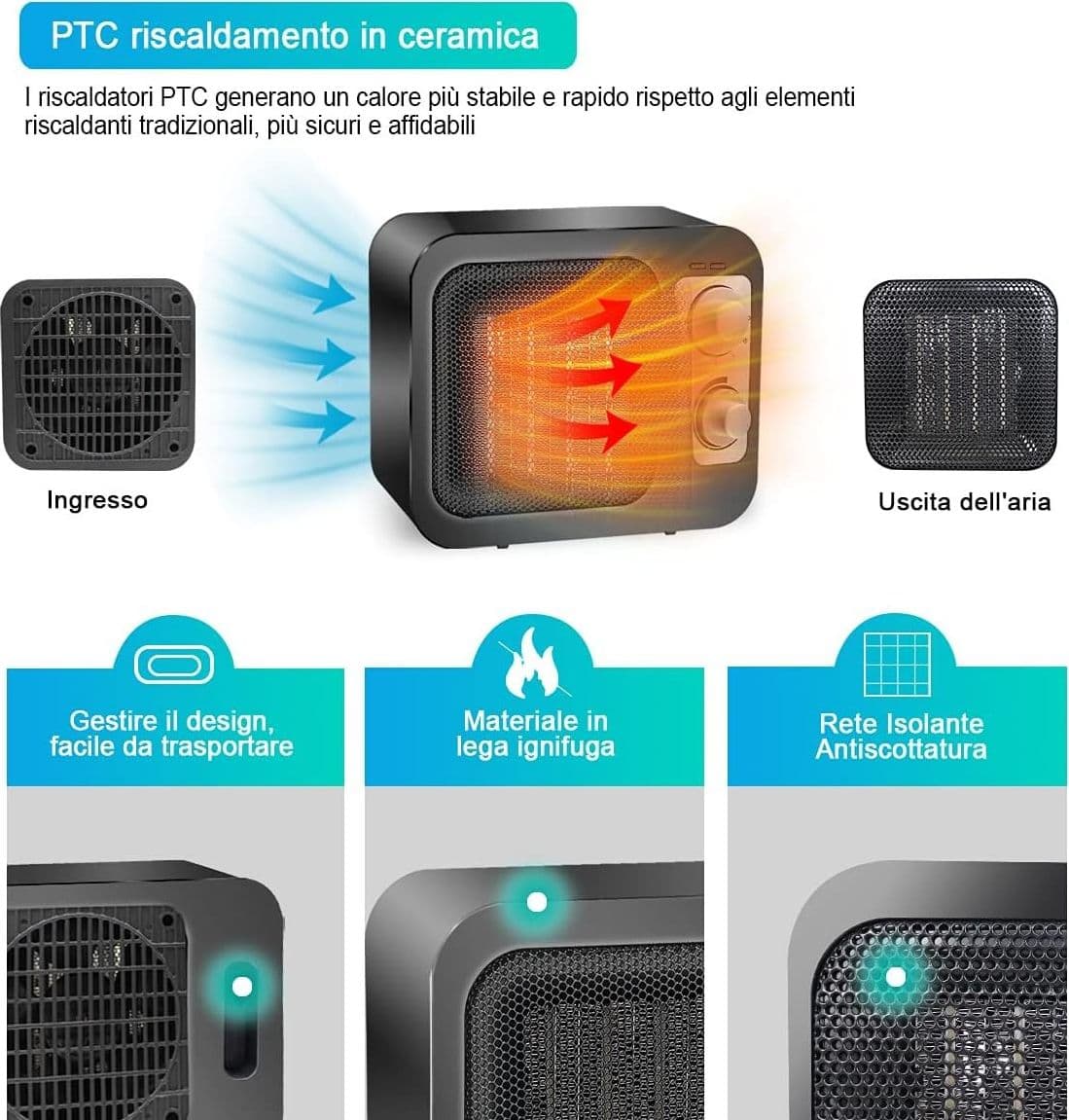 STUFA CALDOBAGNO IN CERAMICA PTC DOPPIA POTENZA TERMOCONVETTORE TERMOVENTILATORE - 7