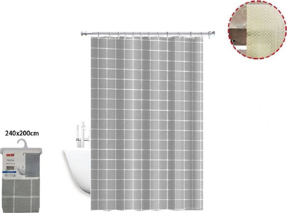 TENDA DOCCIA IMPERMEABILE TESSUTO PVC 12 GANCI PLASTICA QUADRI 240 X 200CM 52748 - 2
