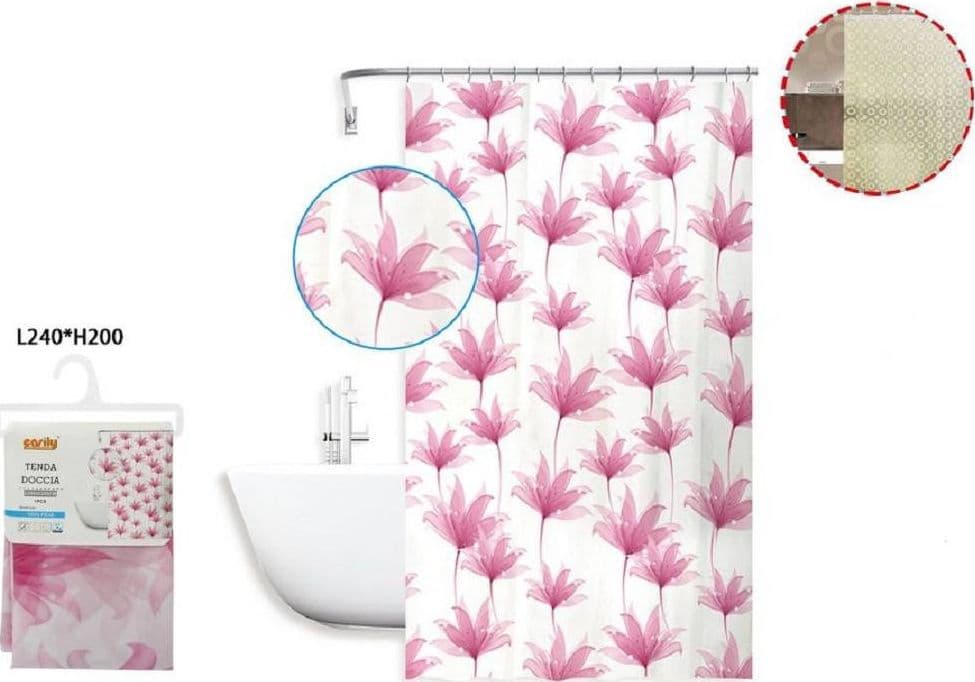 TENDA DOCCIA ANTIMUFFA IMPERMEABILE 240X200 CM CON ANELLI BAGNO FIORI ROSA 59804 - 2