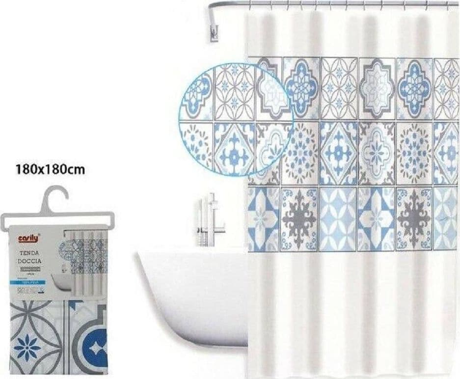 TENDA DOCCIA ANTIMUFFA IMPERMEABILE 180X180CM CON ANELLI MAIOLICHE AZZURRI 59530 - 2
