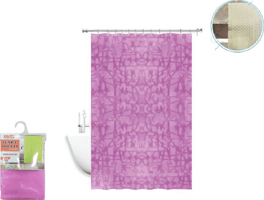 TENDA DOCCIA VASCA ANTIMUFFA IMPERMEABILE ROSA/FUXIA 180X220 CM CON ANELLI 52131 - 3