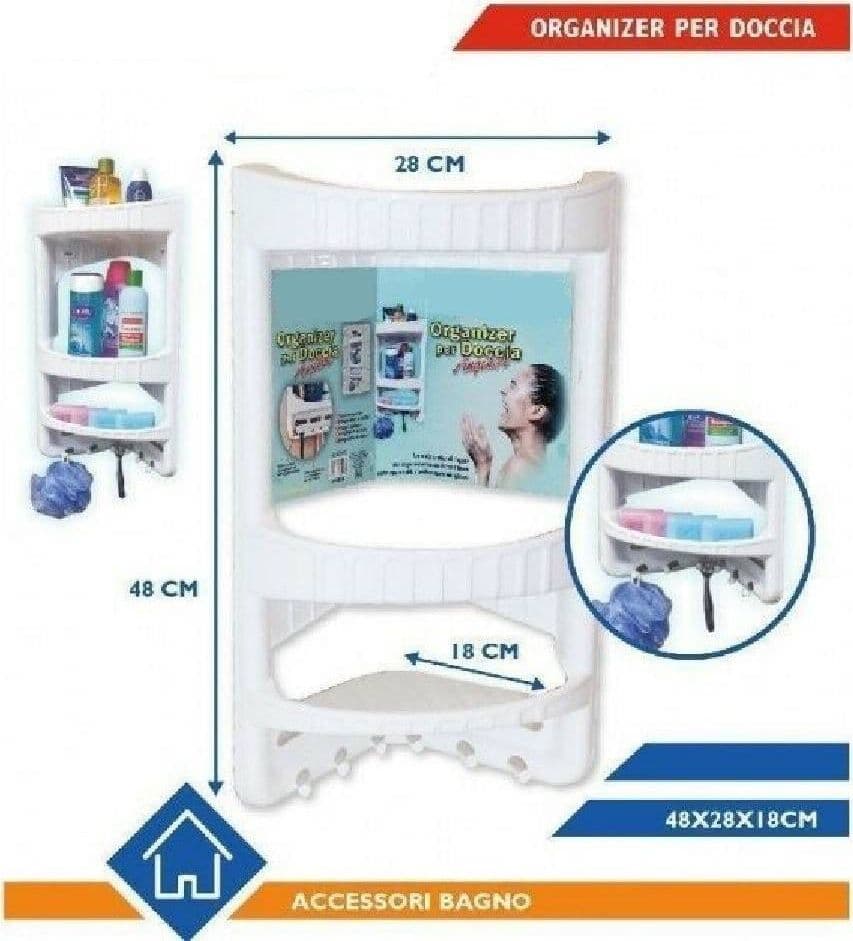 ORGANIZER IN PLASTICA 3 RIPIANI MENSOLE ANGOLARE CON BAGNO DOCCIA ACCESSORI - 2