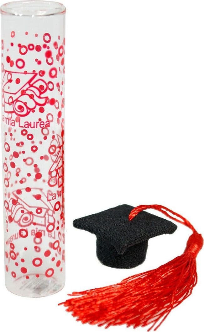 BOMBONIERA AMPOLLA IN VETRO CON TAPPO IN SUGHERO PER LAUREA CAPPELLO TOCCO NERO - 2