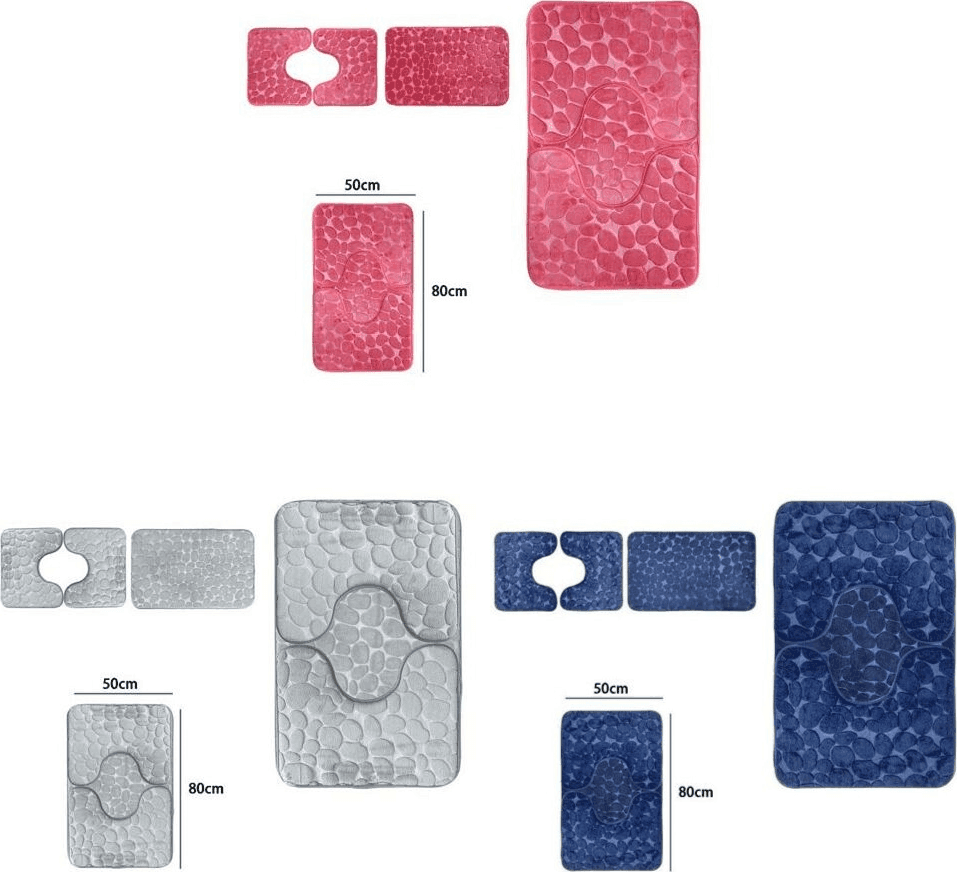SET 3 TAPPETI TAPPETINI ANTISCIVOLO PER BAGNO ARREDO COLORI GRIGIO ROSA BLU - 1