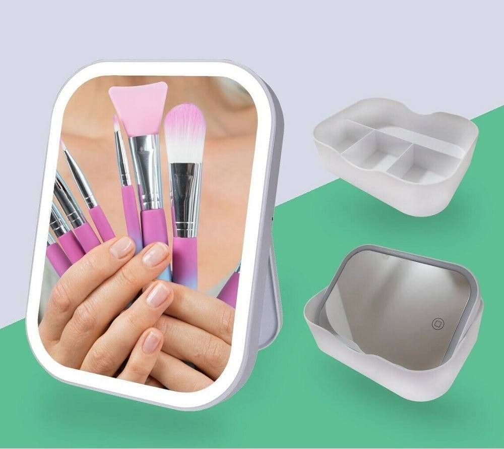 SPECCHIO TRUCCO ILLUMINATO CON LUCI LED RICARICABILE + ORGANIZER TRUCCHI MAKE UP