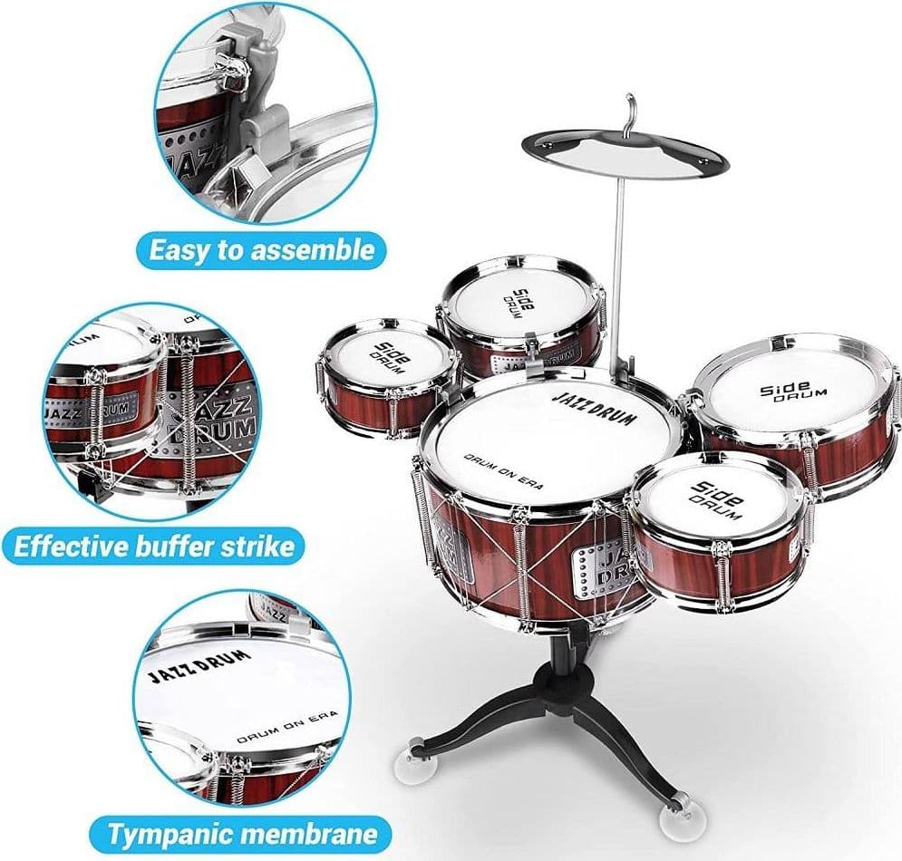SET 8PZ BATTERIA PER BAMBINI 5 TAMBURI MUSICALE PERCUSSIONI 3-10 ANNI GIOCATTOLI - 3