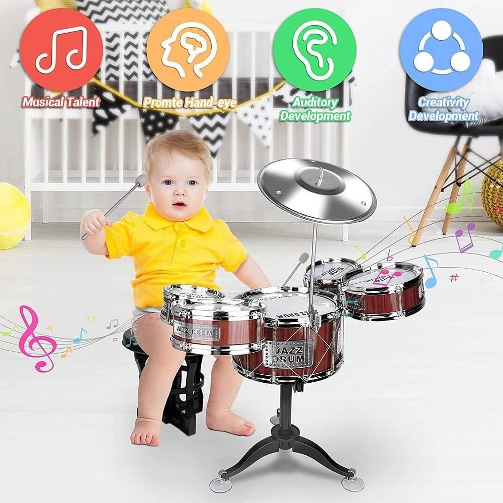 SET 8PZ BATTERIA PER BAMBINI 5 TAMBURI MUSICALE PERCUSSIONI 3-10 ANNI GIOCATTOLI - 4