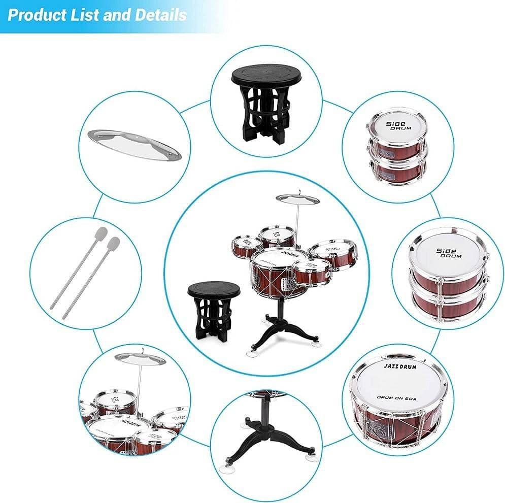 SET 8PZ BATTERIA PER BAMBINI 5 TAMBURI MUSICALE PERCUSSIONI 3-10 ANNI GIOCATTOLI - 5