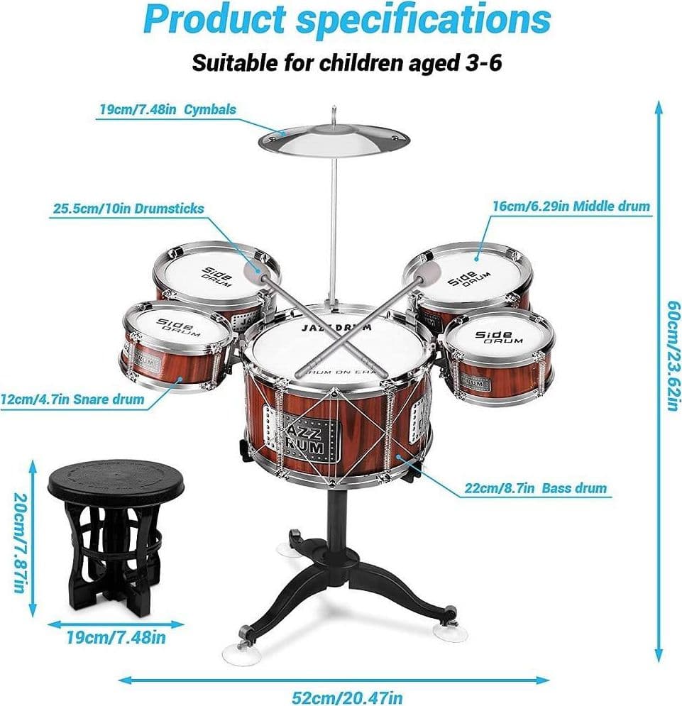 SET 8PZ BATTERIA PER BAMBINI 5 TAMBURI MUSICALE PERCUSSIONI 3-10 ANNI GIOCATTOLI - 6