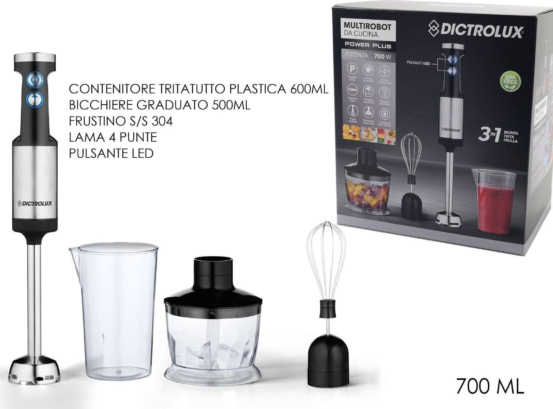 FRULLATORE AD IMMERSIONE 3IN1 LAME TITANIO 700W SBATTITORE TRITATUTTO MINIPIMER - 2