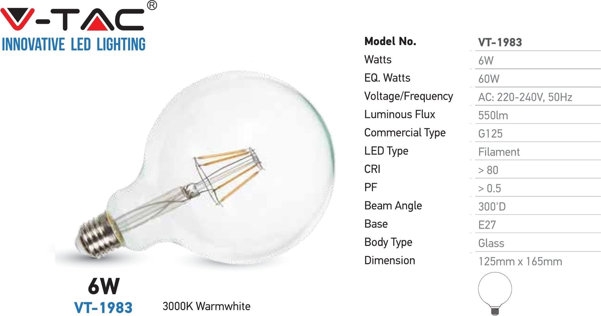 LAMPADINA GLOBO TRASPARENTE FILAMENTO A LED ATTACCO E27 6W LUCE CALDA V-TAC - 2