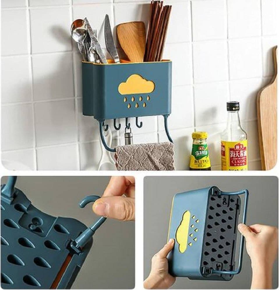 CESTELLO PORTA BACCHETTE POSATE CUCCHIAIO SPATOLE SCARICO CON GANCI PARETE 70214 - 2
