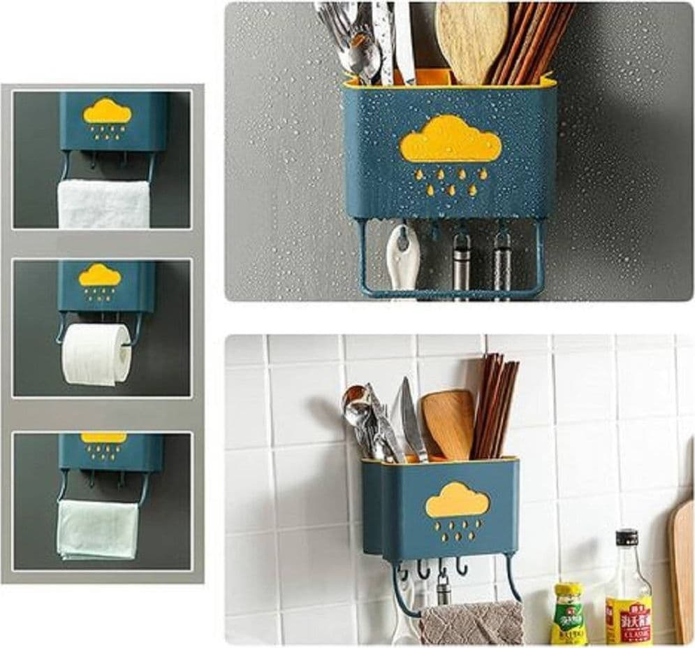 CESTELLO PORTA BACCHETTE POSATE CUCCHIAIO SPATOLE SCARICO CON GANCI PARETE 70214 - 3