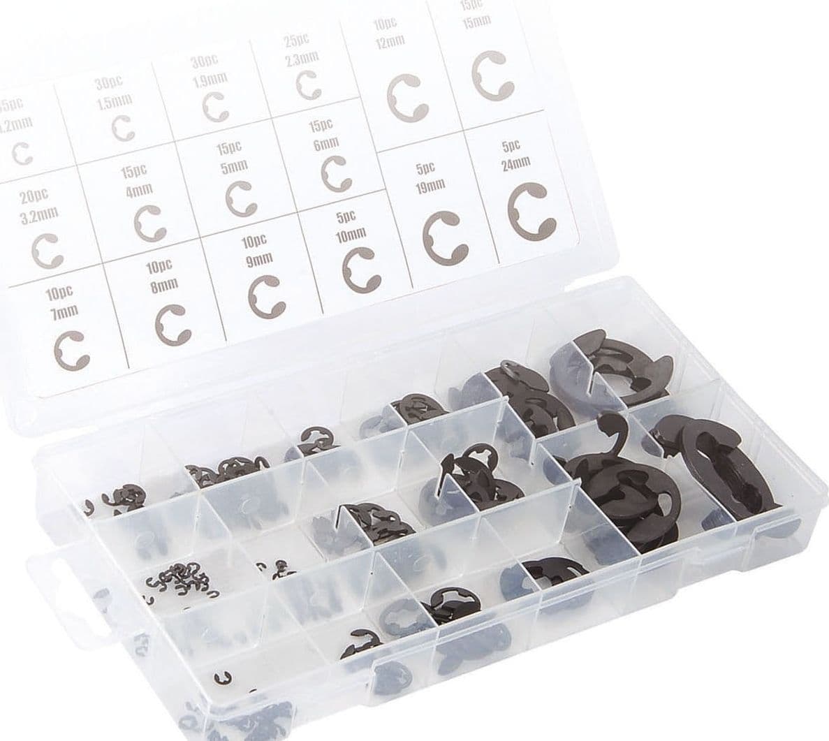 ANELLI ELASTICI SEEGER KIT DA 300 PZ ASSORTITI RONDELLE ANELLO ELASTICO E-CLIPS - 5