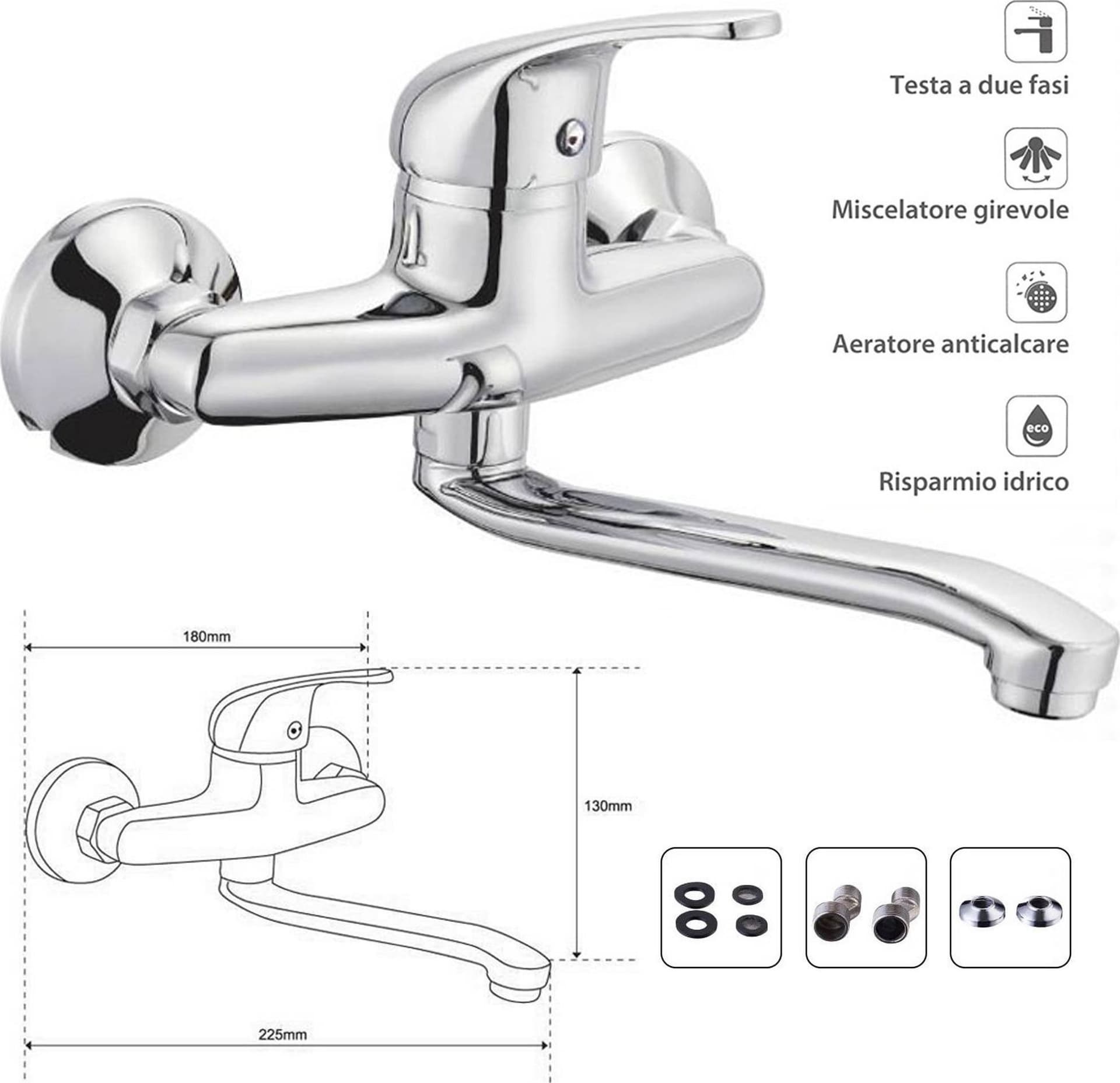 MISCELATORE RUBINETTO MONOCOMANDO LAVELLO CUCINA CANNA ALTA CROMATO MURO 69139 - 2