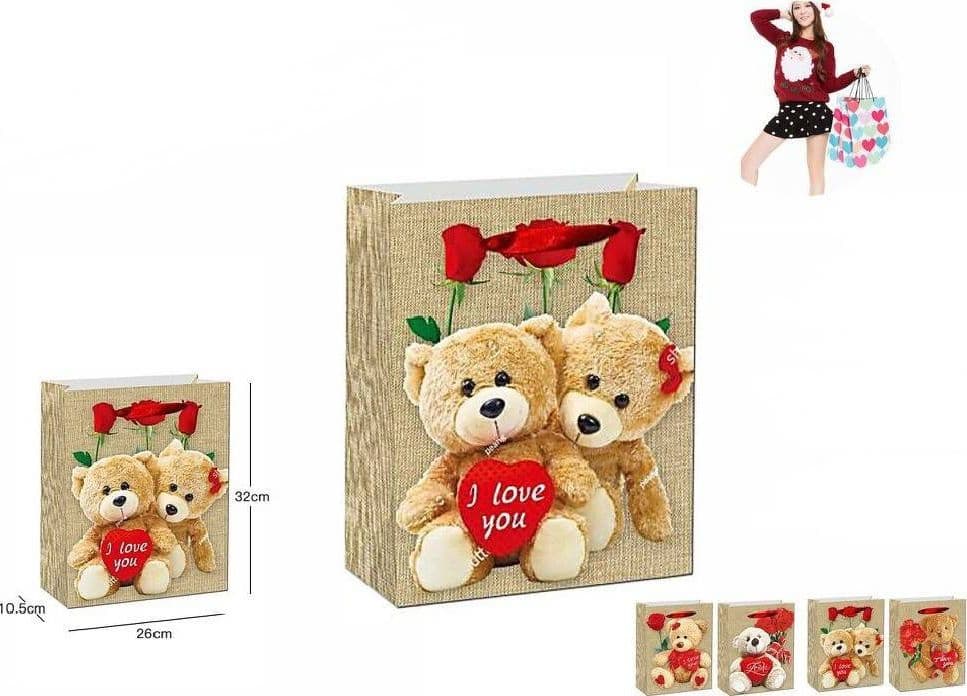 SET 6 BUSTE REGALO SAN VALENTINO BUSTA 10.5X26X32CM 63988 VARIE STAMPE ORSO CUORE - 2
