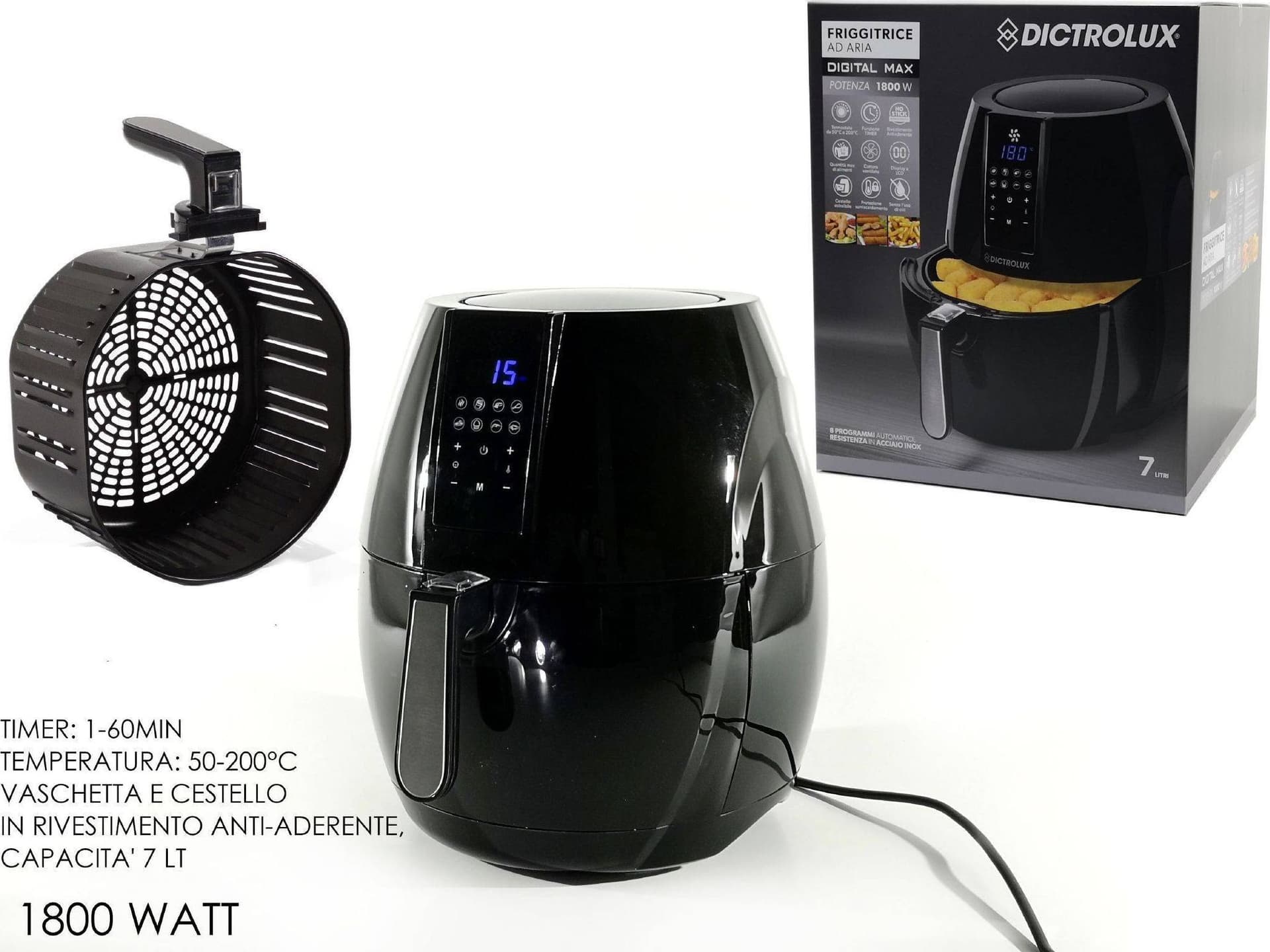 FRIGGITRICE ARIA CALDA DIGITALE SENZA OLIO AIRFRYER 7 LT FRIGGE CUOCE 1800W - 3