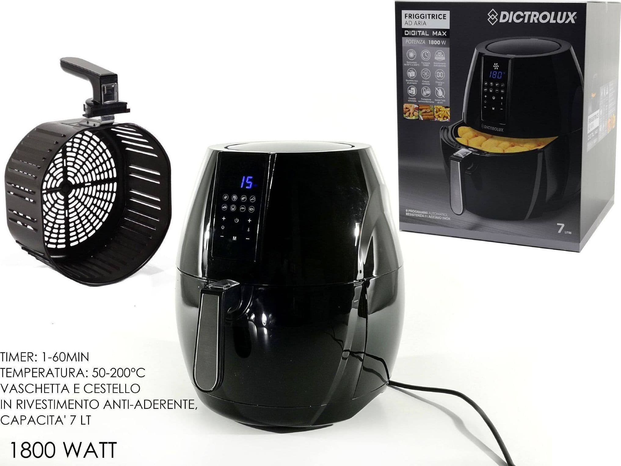 FRIGGITRICE ARIA CALDA DIGITALE SENZA OLIO AIRFRYER 7 LT FRIGGE CUOCE 1800W - 3