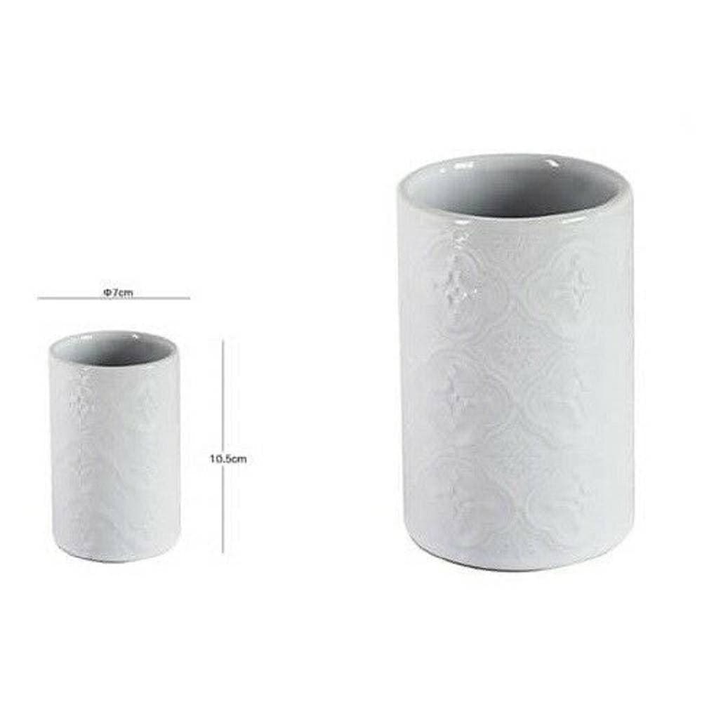 BICCHIERE PORTA SPAZZOLINI DENTIFRICIO BAGNO IN CERAMICA BIANCA DECORATA 10318 - 2