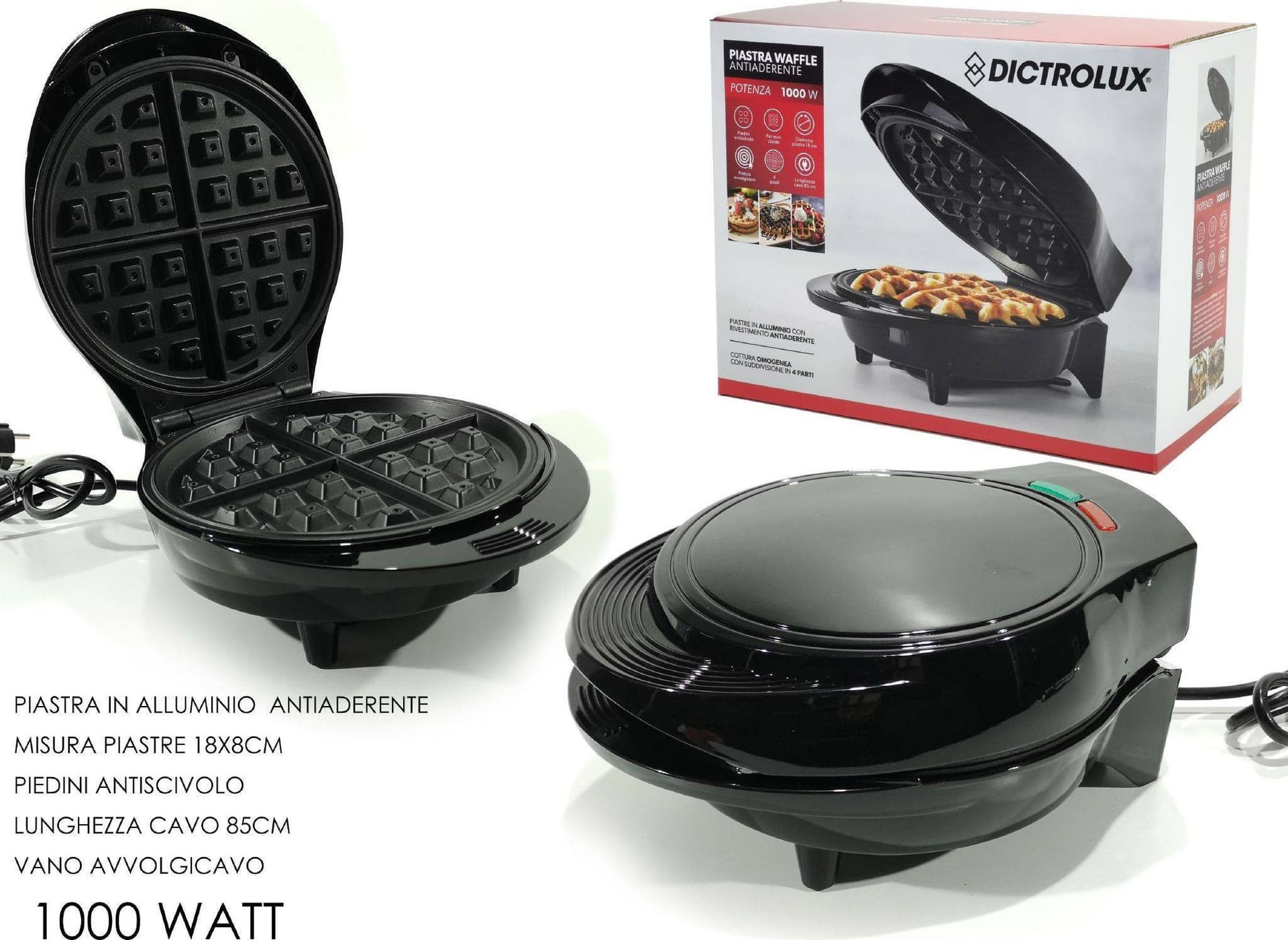 PIASTRA ELETTRICA MACCHINA WAFFLE MAKER 1000W GRIGLIA PIASTRE ANTIADERENTI NERO - 2