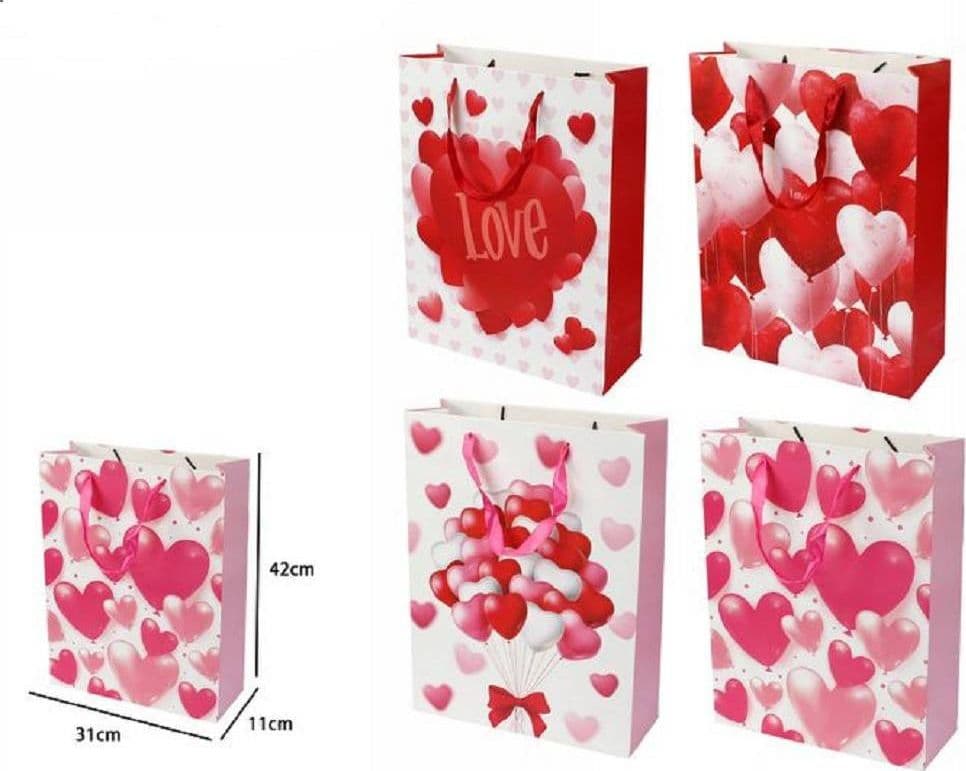 SET 6 BUSTE DA REGALO PER SAN VALENTINO CUORI 31X11X42CM 71093 MODELLI ASSORTITI - 2