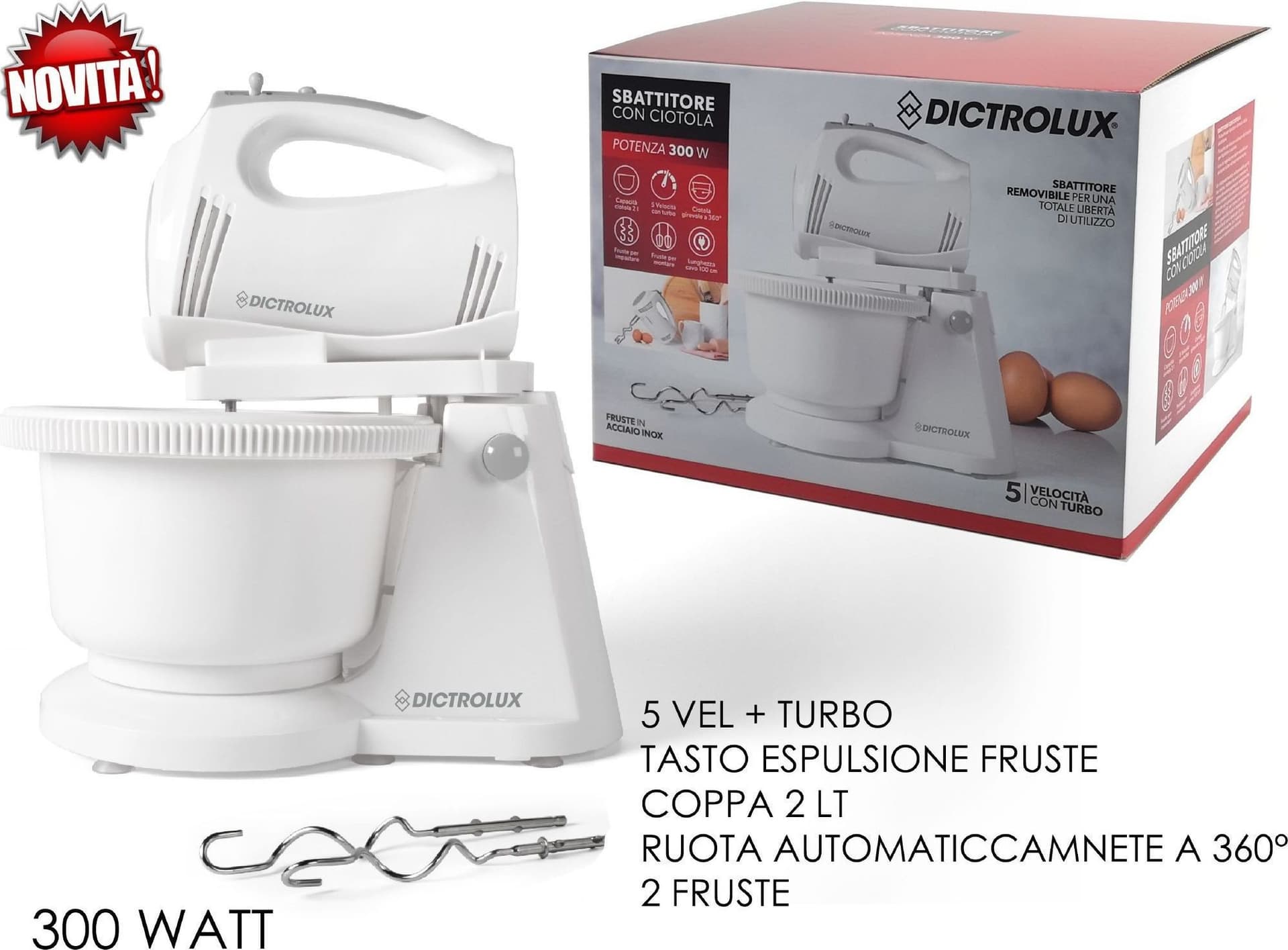 SBATTITORE 2 FRUSTE CON CIOTOLA ROTANTE GANCI IMPASTATRICE 300W 5 VELOCITÀ+TURBO - 2