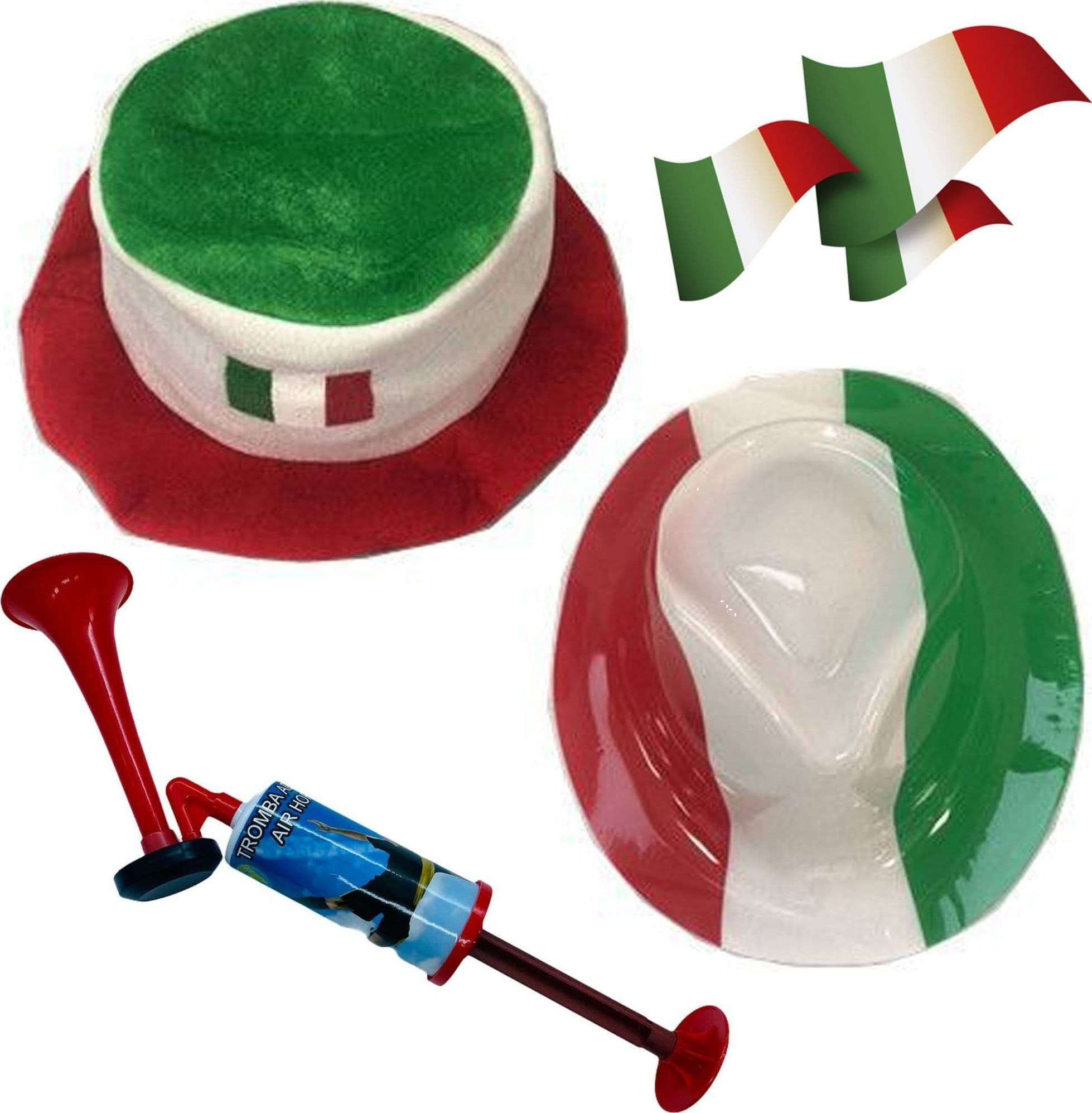 KIT SET COMPLETO TIFOSO ITALIA 2 CAPPELLO 1 TROMBETTA NO GAS 3 MINI BANDIERE