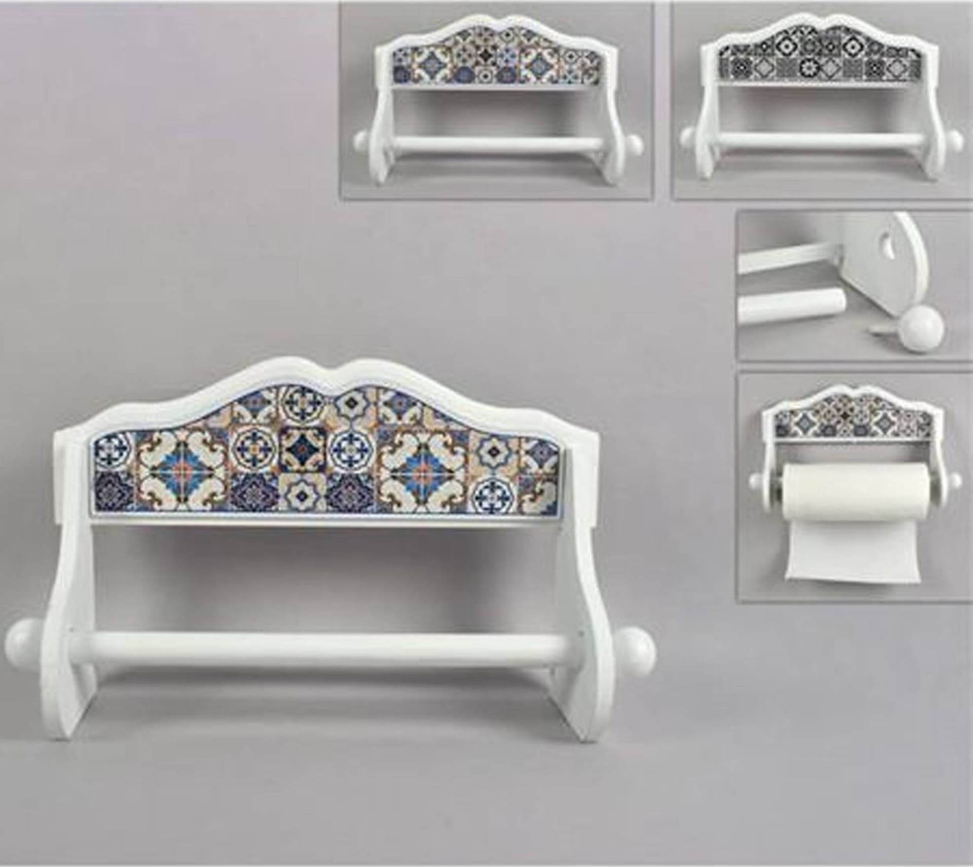 PORTAROTOLO PARETE CARTA CUCINA ROTOLO SCOTTEX E ALLUMINIO LEGNO BIANCO 20x10x35 - 2