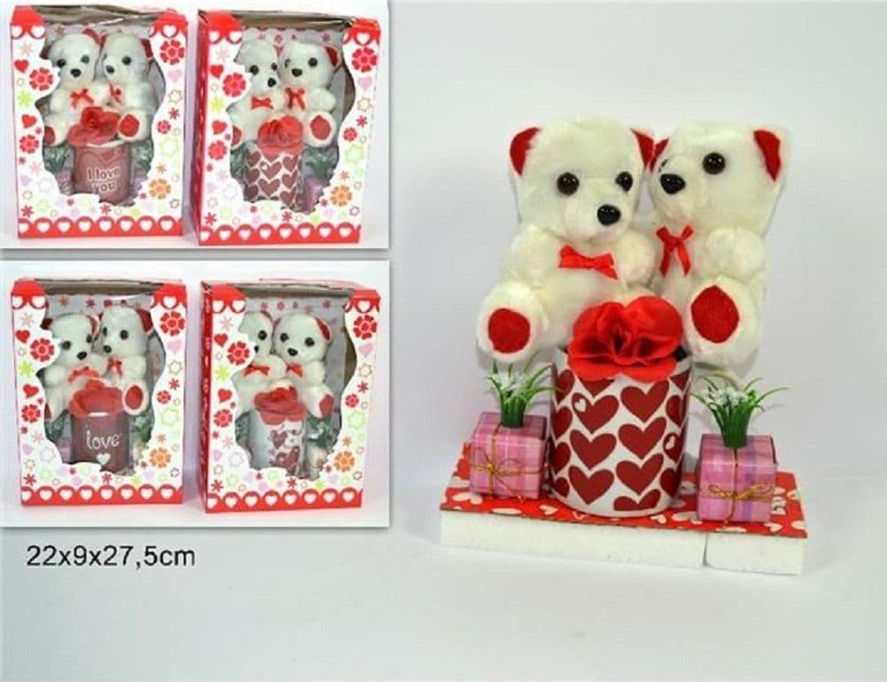 COPPIA PELUCHE ORSETTI CON TAZZONE FIORE IDEA REGALO PER SAN VALENTINO 4 MODELLI - 2