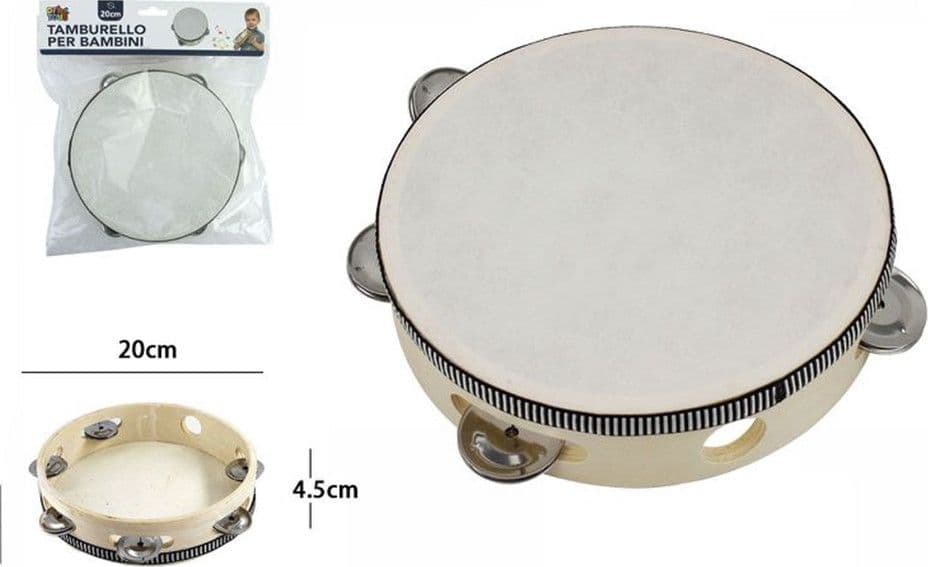 TAMBURELLO TAMBURO CON SONAGLI LEGGERO IN LEGNO E PELLE DIAMETRO 20CM CEMBALO 53674A - 2