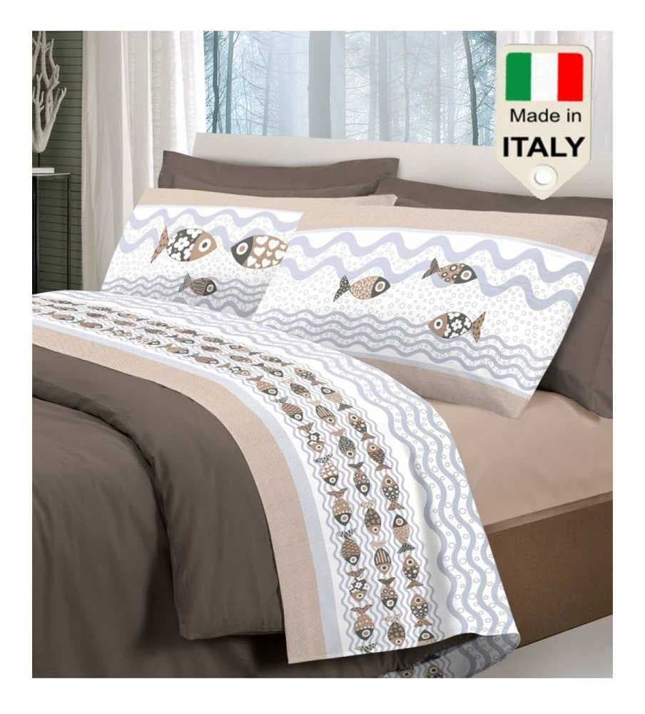 COMPLETO LENZUOLA LETTO SINGOLO 1 PIAZZA MISURA MAXI PURO COTONE PESCIOLINI ESTATE - 4