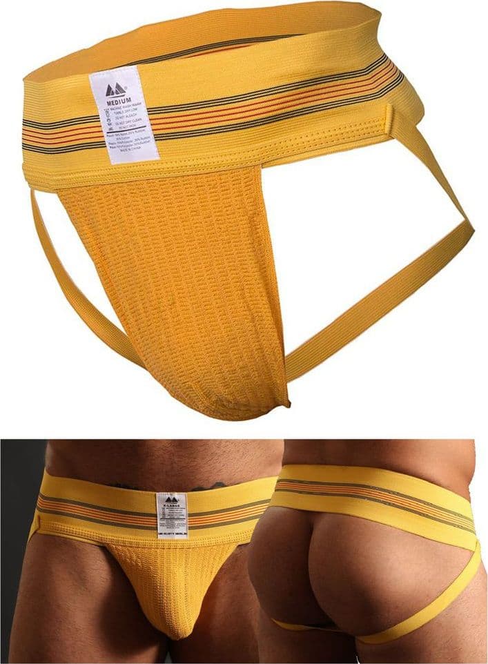 138355 ORIGINAL JOCK COLLECTION - 3" YELLOW MUTANDINE UOMO GAY APERTE DIETRO IN MISTO COTONE NYLON ELASTANE TAGLIA M
