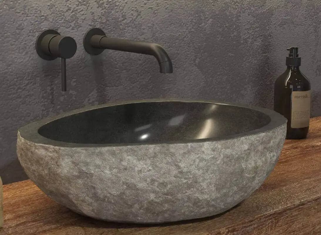 Lavabo Da Appoggio In Pietra Di Fiume Naturale Grigio - 2