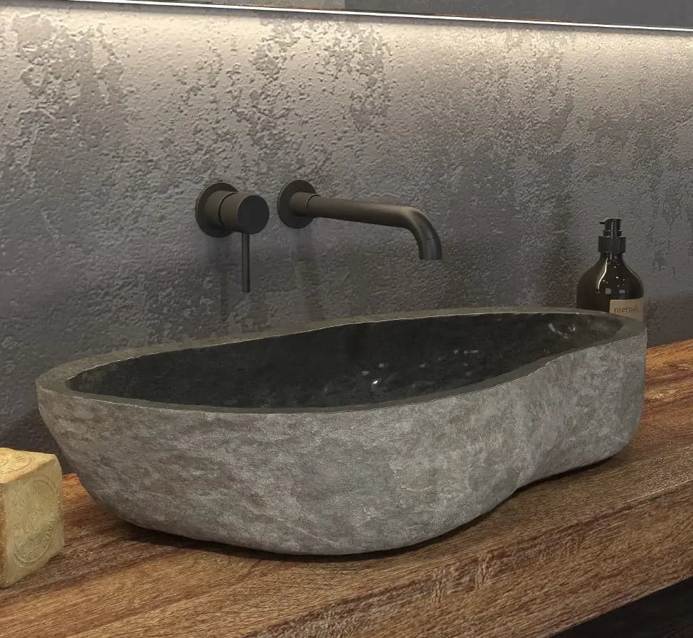 Lavabo Da Appoggio In Pietra Di Fiume Naturale Grigio - 3