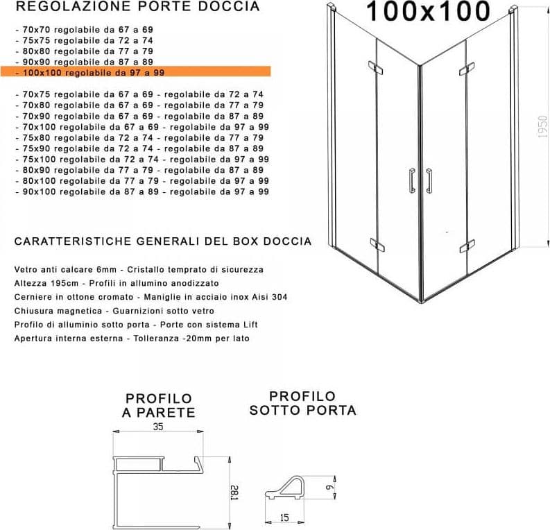 Box Doccia H195cm Doppia Anta a Libro Anticalcare Trasparente 6mm - 6