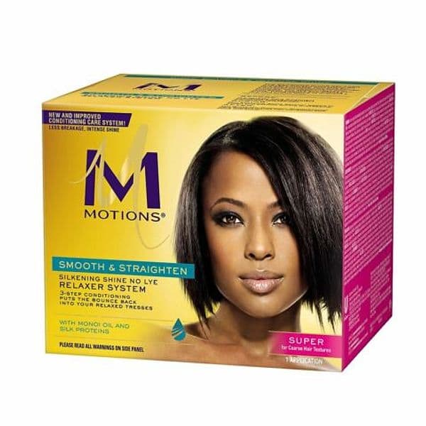 MOTIONS SMOOTH & STRAIGHTEN SILKENING SHINE NO LYE SUPER STIRAGGIO PER CAPELLI PAESE DI ORIGINE USA. – marrone