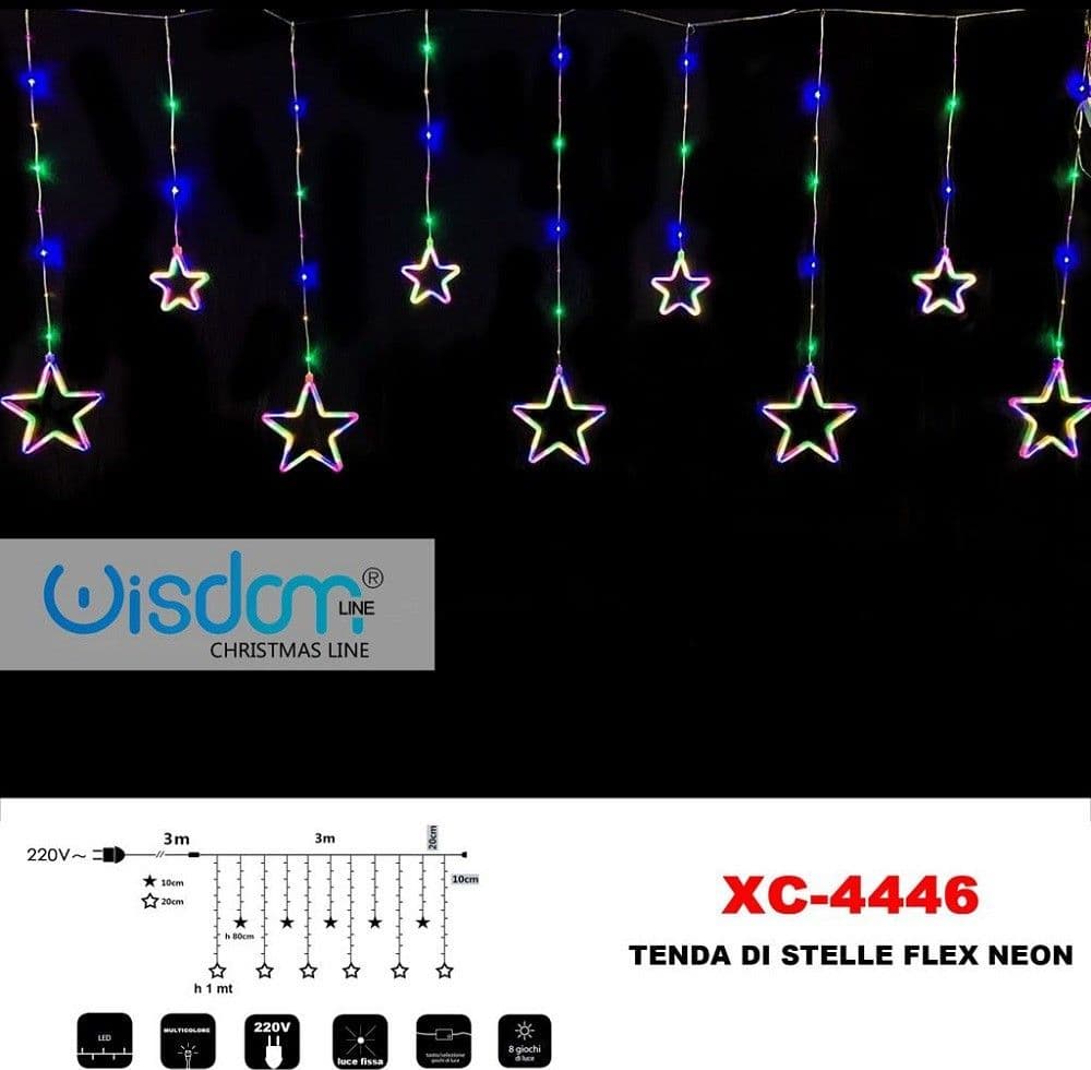 TENDA LUMINOSA NATALIZIA STELLE NEON LUCE MULTICOLOR FISSA 8 GIOCHI LUCE XC-4446