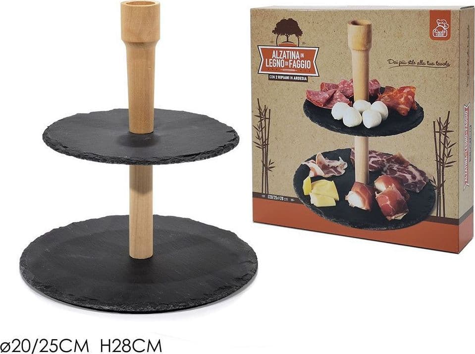 ALZATINA STAND PORTA DOLCI RUSTICI 2 PIANI IN ARDESIA 20/25CM LEGNO FINGER FOOD - 3