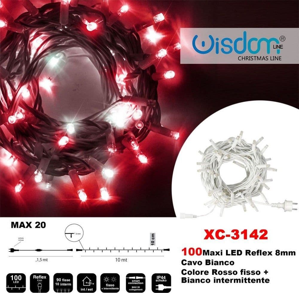 CATENA LUMINOSA 100 LUCI LED LUCCIOLE ROSSO FISSO + BIANCO INTERMITTENTE XC-3142