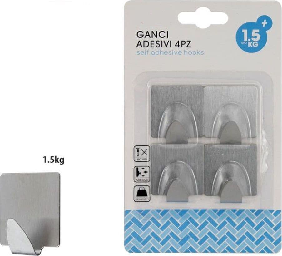 SET 4 PZ GANCI APPENDINI ADESIVI PARETE CUCINA BAGNO ATTACCAPANNI QUADRATI 59663 - 2