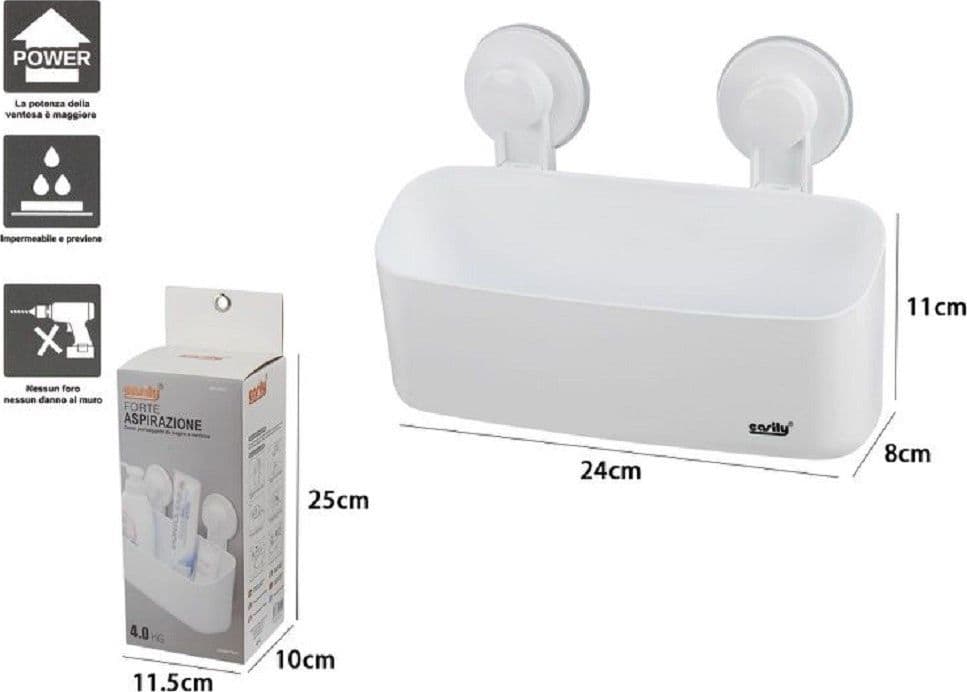 CESTO CONTENITORE PORTA OGGETTI A VENTOSA BIANCO ACCESSORI BAGNO 24X8X11CM 59552 - 2
