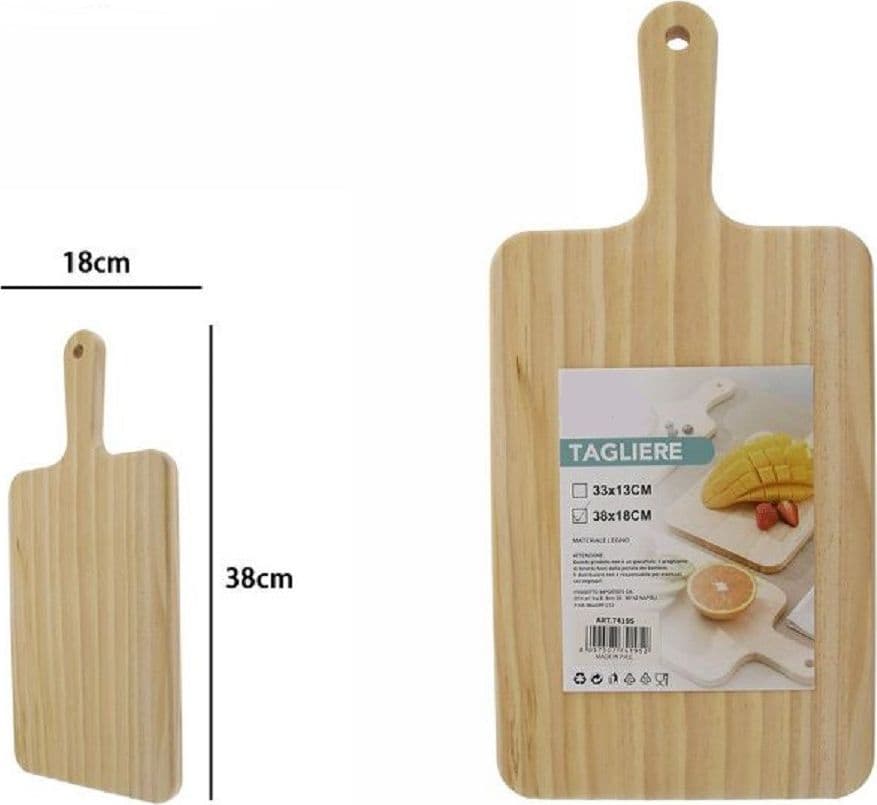 TAGLIERE RETTENGOLARE IN LEGNO AFFETTA PANE SALUMI CARNE CON MANICO 38X18CM 74195