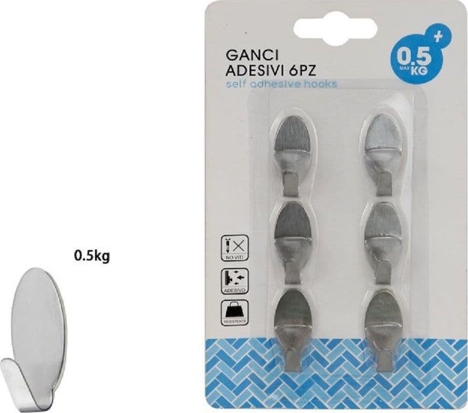 SET 6 GANCI APPENDINI ADESIVI PARETE CASA CUCINA BAGNO ATTACCAPANNI OVALI 59666 - 2