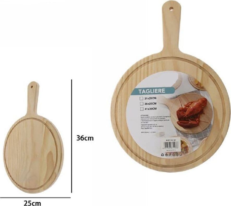 TAGLIERE LEGNO ROTONDO AFFETTA PANE SALUMI CARNE PIZZA CON MANICO 36X25CM 74197 - 1
