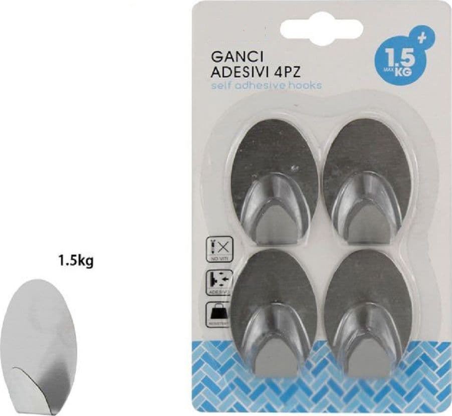 SET 4 GANCI APPENDINI ADESIVI PARETE CASA CUCINA BAGNO ATTACCAPANNI OVALI 59662 - 2