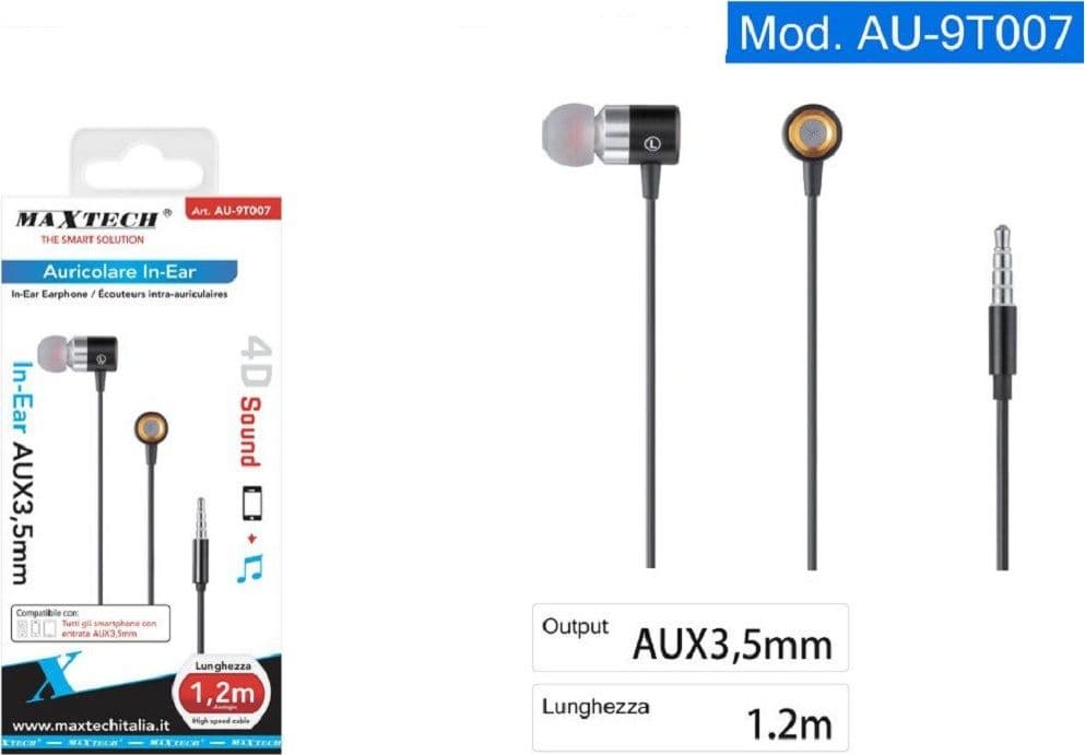 AURICOLARI CUFFIE IN-EAR CAVO 1,2 METRI CONNETTORE AUX 3,5MM SMARTPHONE AU-9T007 - 4