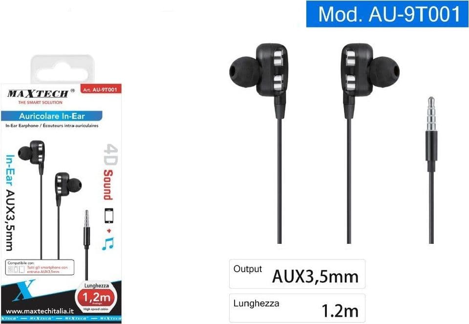AURICOLARI CUFFIE IN-EAR AUX 3,5MM CAVO 1.2MT ALTA VELOCITÀ SMARTPHONE AU-9T001 - 4