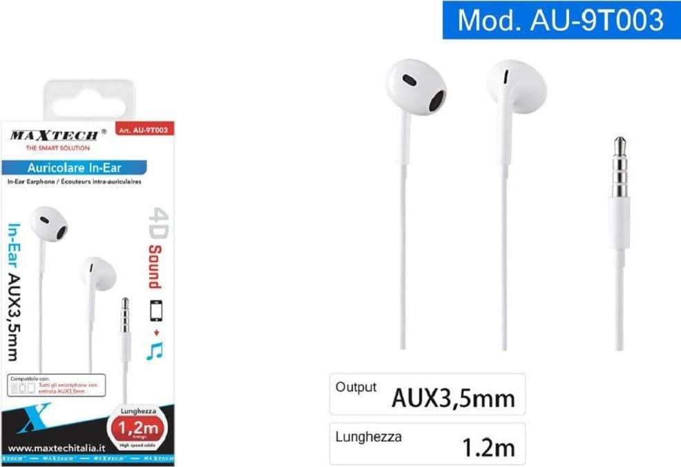 AURICOLARI CUFFIE IN-EAR CAVO DA 1,2MT CONNETTORE AUX 3,5MM SMARTPHONE AU-9T003 - 2